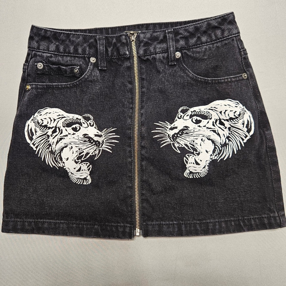 Ed Hardy Denim Mini Skirt Womens S Black Tiger Graphic Full Zip Y2K WEHD6002-1